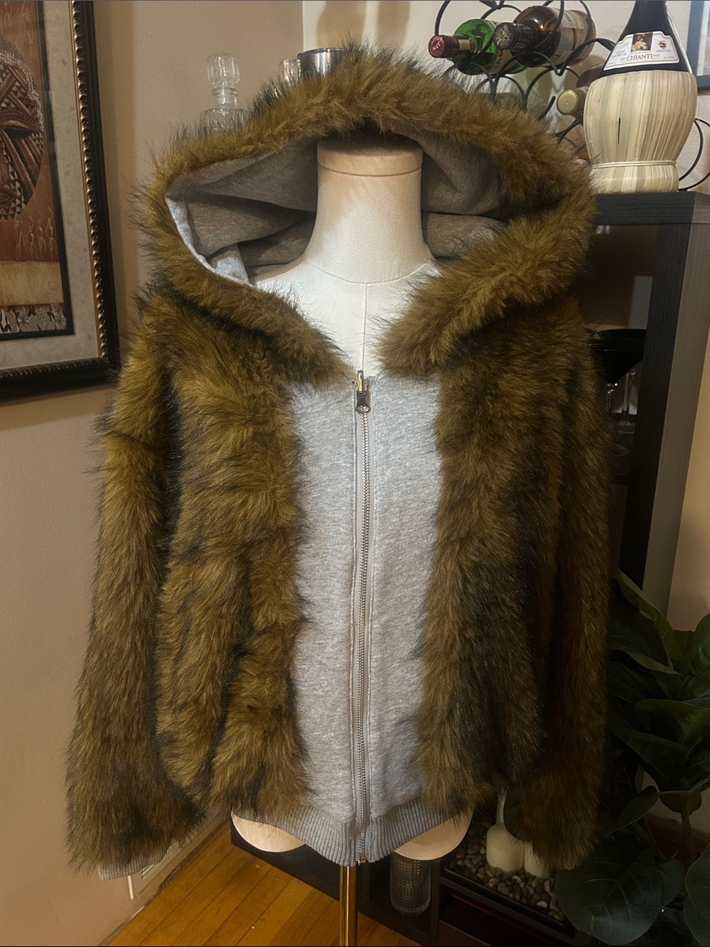 AKIRA Olive Faux Fur Hooded Teddy Jacket with Gray Zip-Front Layer